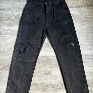 Unbranded Lightning Bolt Patch Straight-Leg Jeans